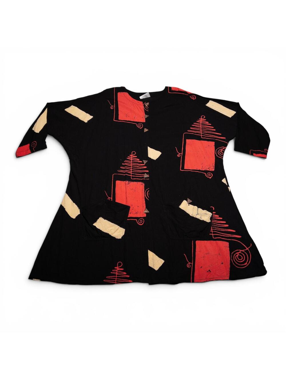 Vintage 90s Abstract Block Print Rayon Button Down Tunic Top & Scarf Set